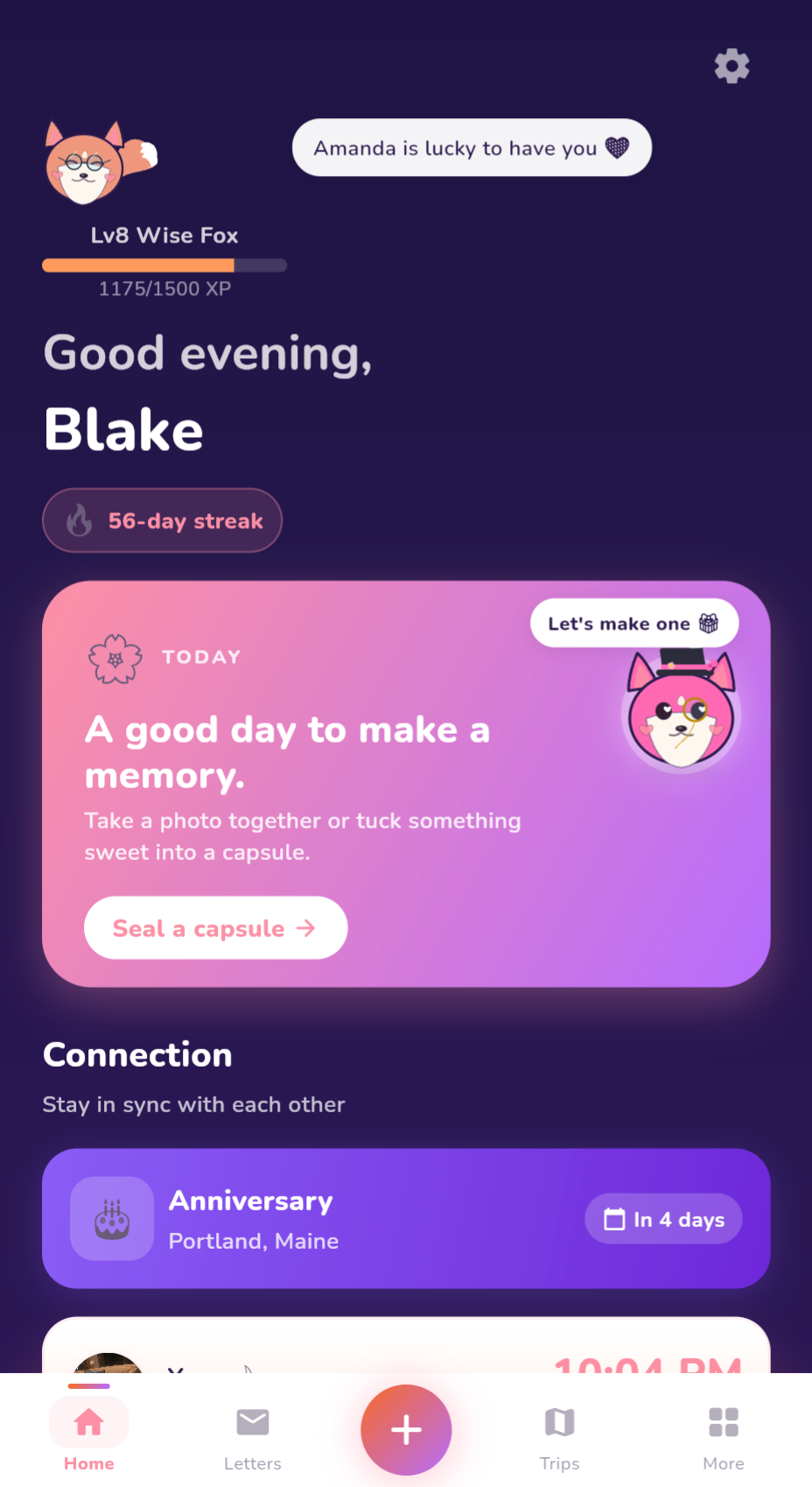 Far Fox app home, love letters, explore activities, travel map, and would you rather screens